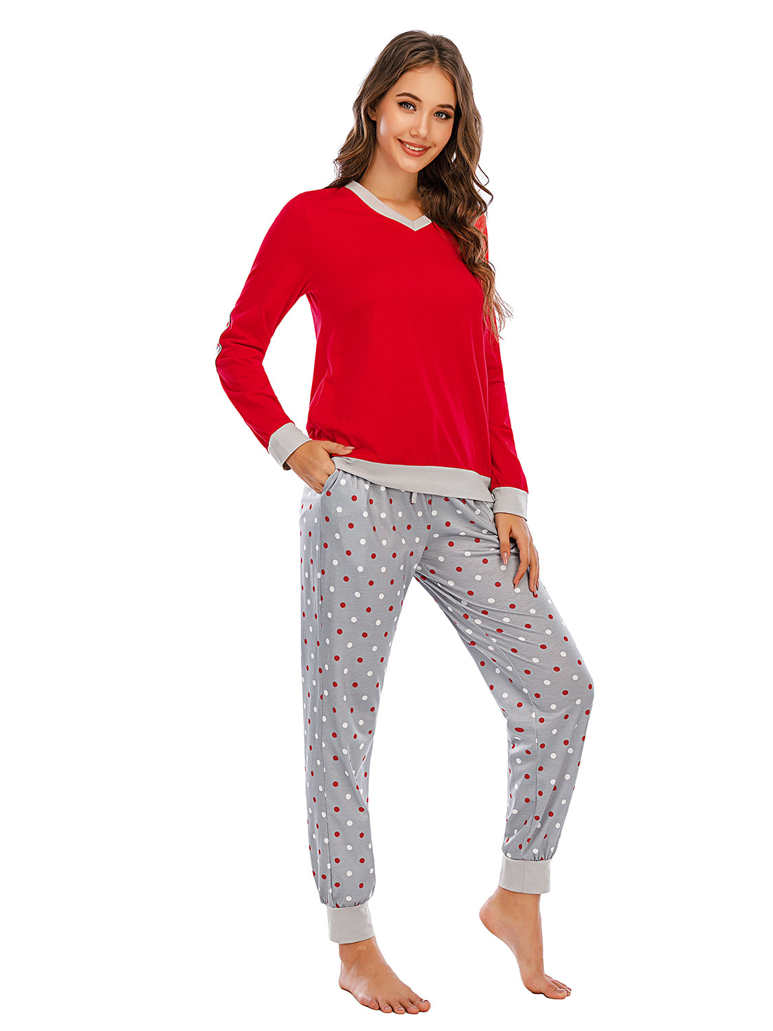 Long Sleeve Top and Polka Dot Pants Set - Fashorio