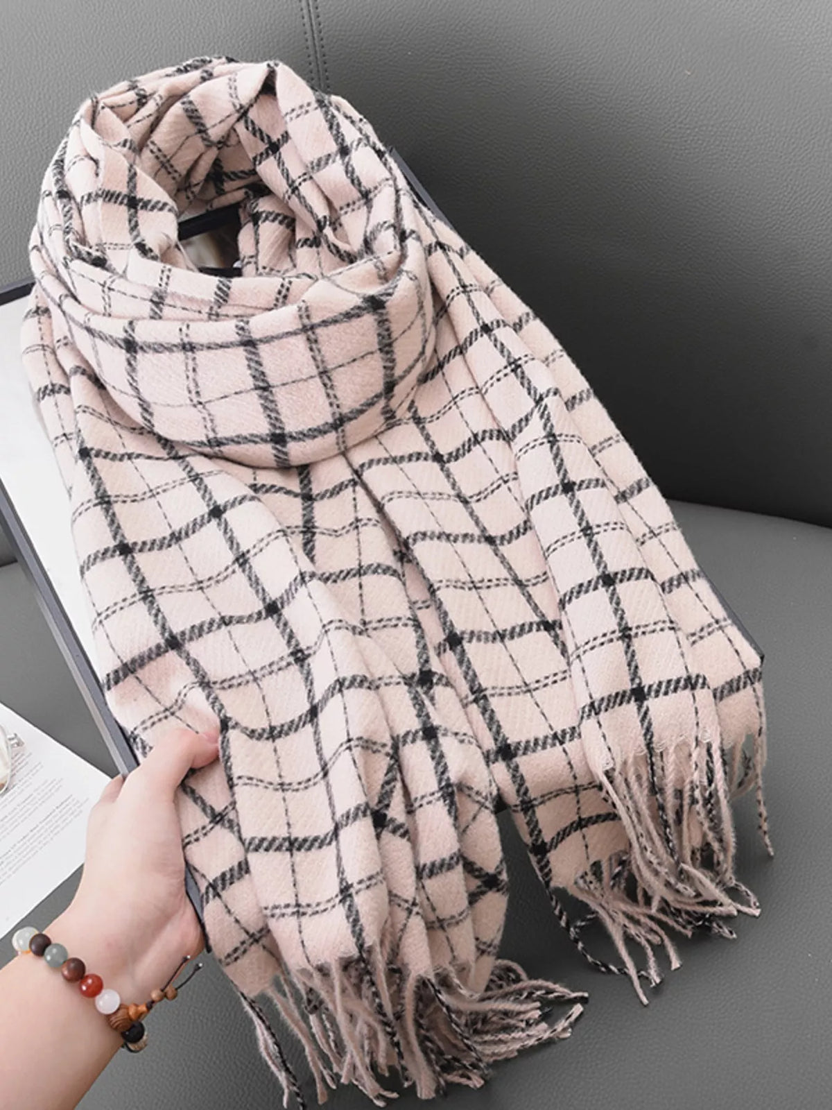 Classic plaid fringe scarf wrap front view