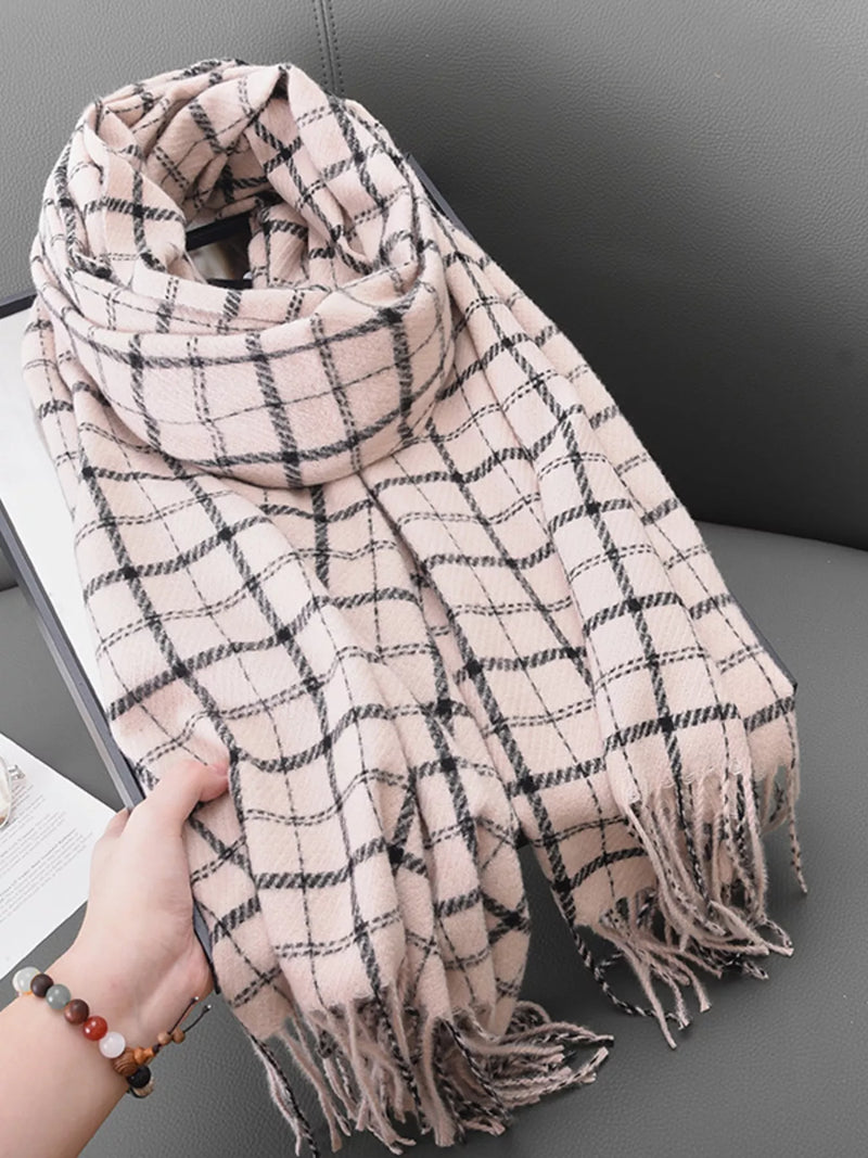 Classic plaid fringe scarf wrap front view