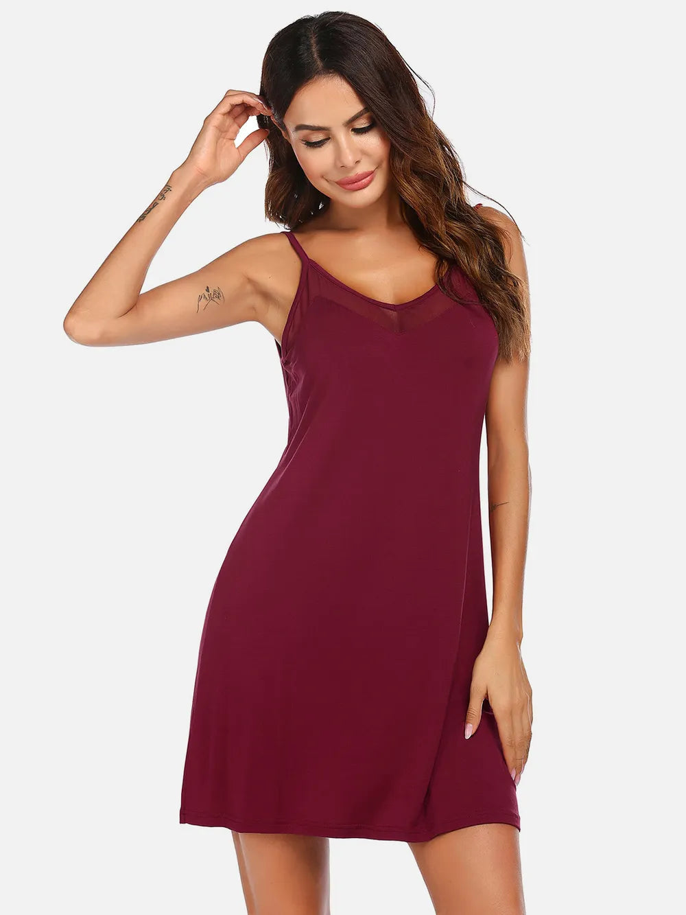 Scoop Neck Spaghetti Strap Lounge Dress Burgundy - Fashorio