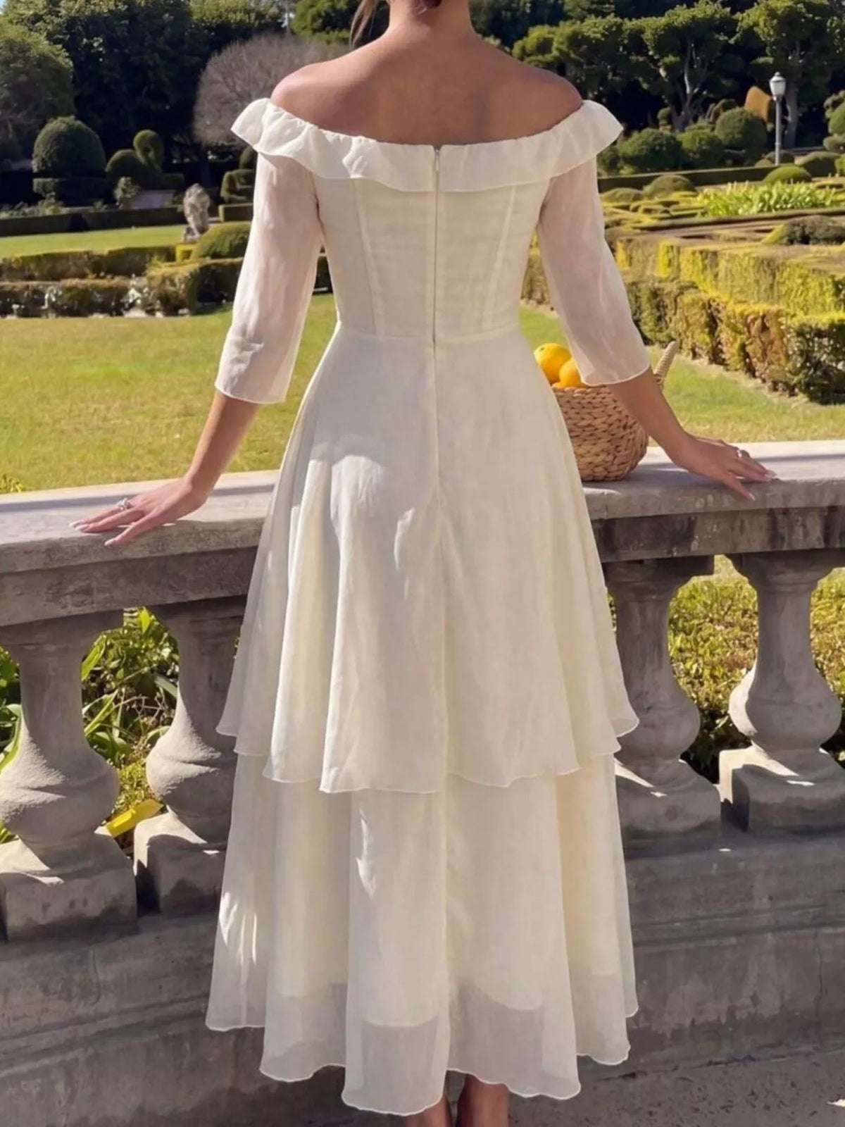 Cream ruffle tiered midi dress full length view