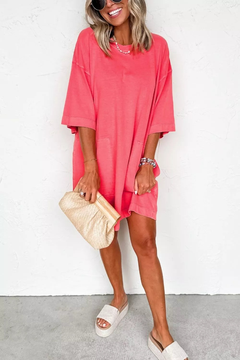 Strawberry coral drop shoulder t shirt mini dress side view