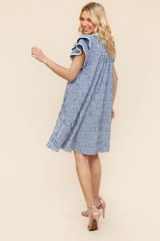 Double Ruffle Sleeve Dress with Pockets in Navy back view