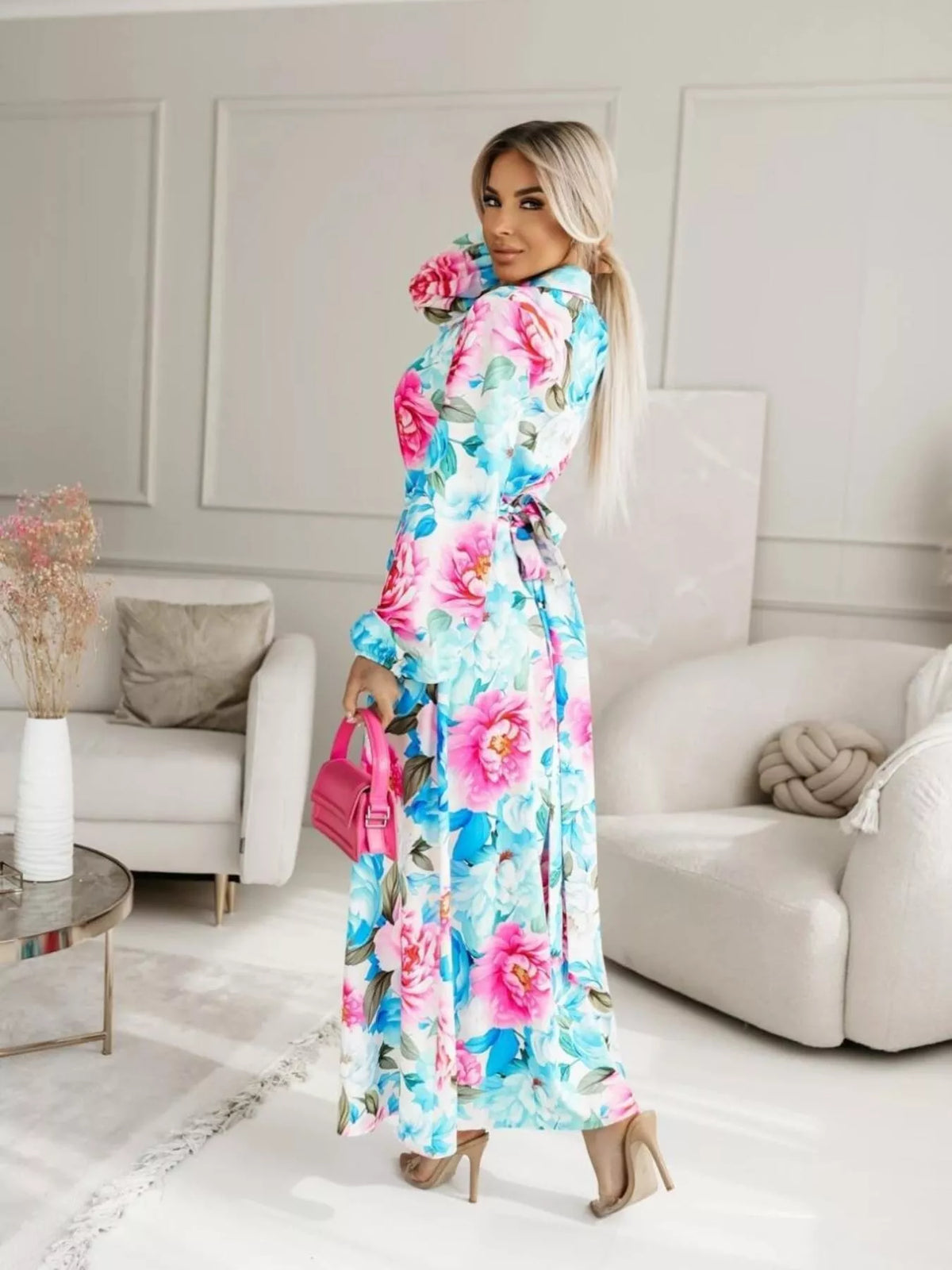Printed button front maxi shirt dress side view