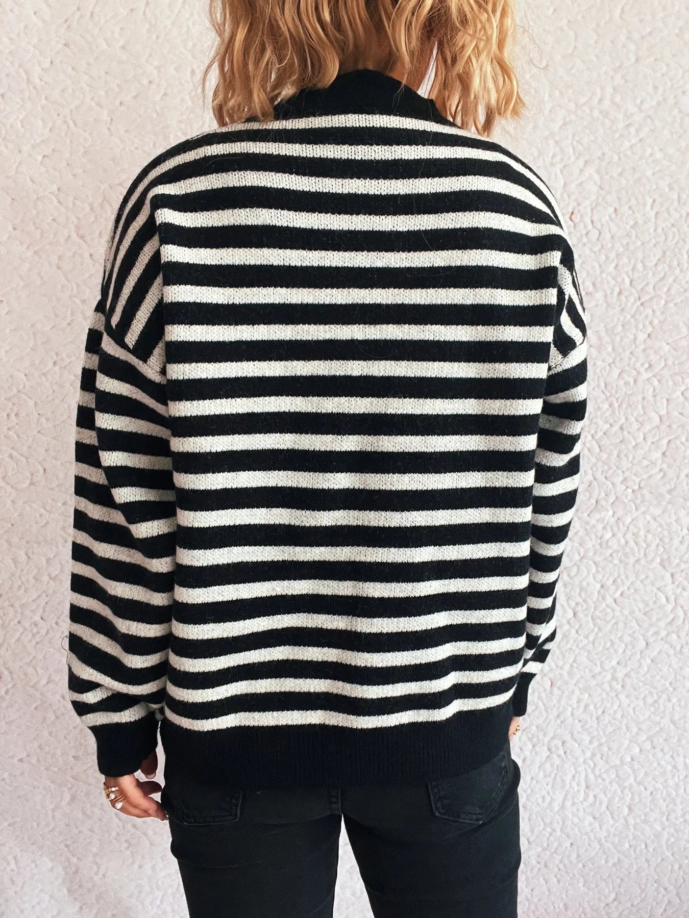 Striped Mock Neck Long Sleeve Sweater - Fashorio