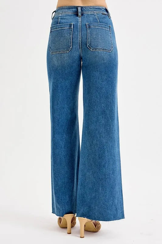 High waist wide leg denim pants fabric detail