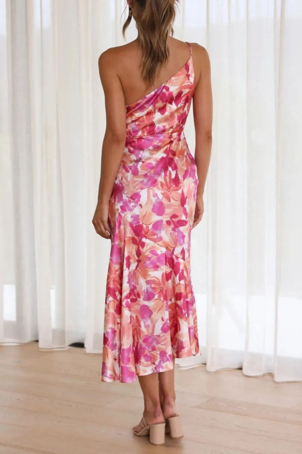 Pink one shoulder midi dress side profile