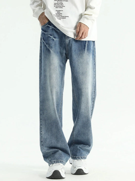 Men's Plus Size Washed Relaxed Fit Straight Leg Jeans Blue - Fashorio