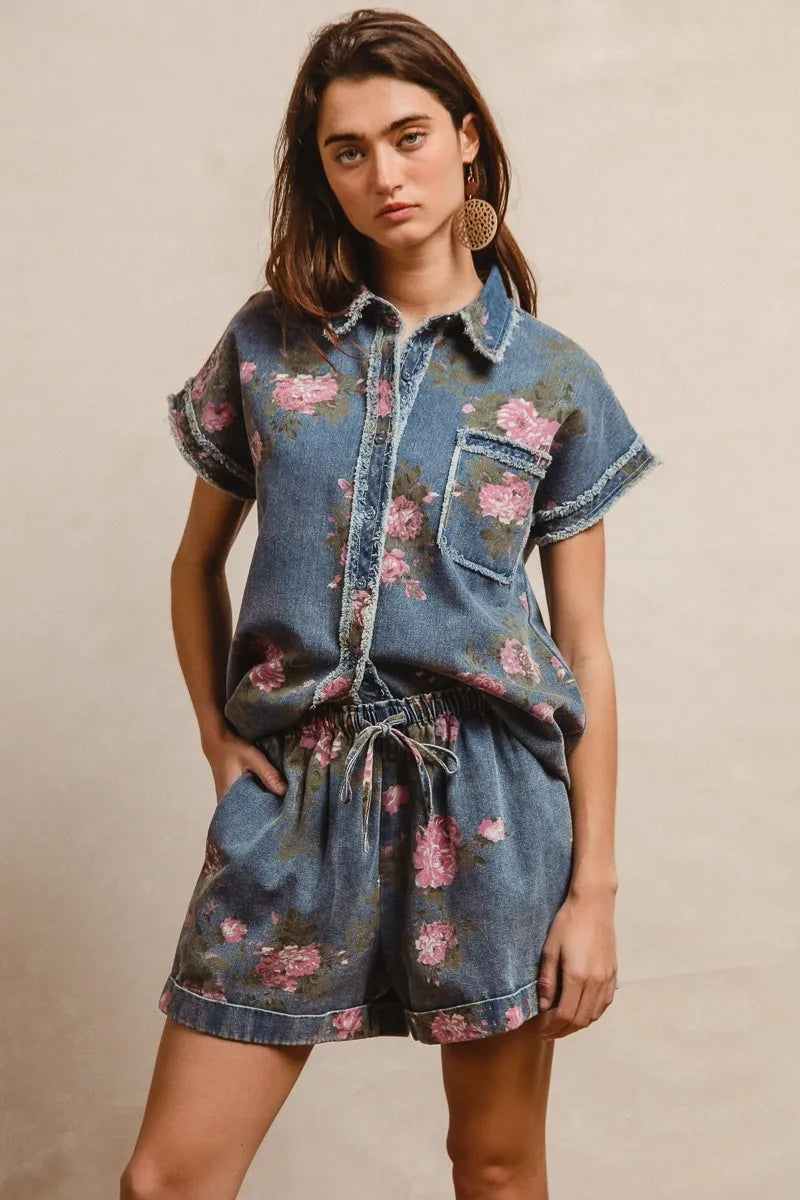 BiBi Floral Printed Denim Short Pants With Pocket - Fashorio