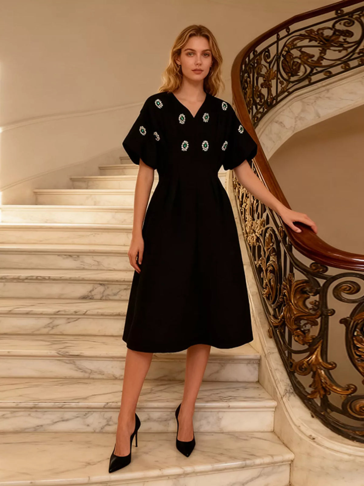 Embellished puff sleeve midi dress front view
