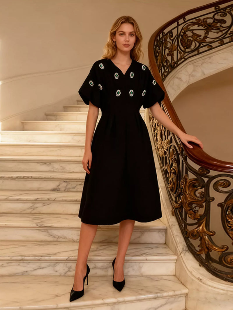 Embellished puff sleeve midi dress front view