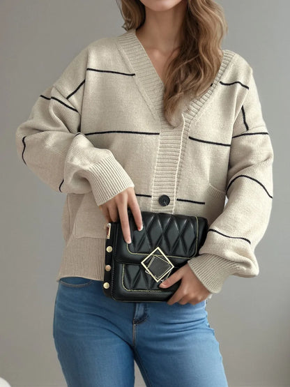Striped Button Down V-Neck Long Sleeve Cardigan - Fashorio