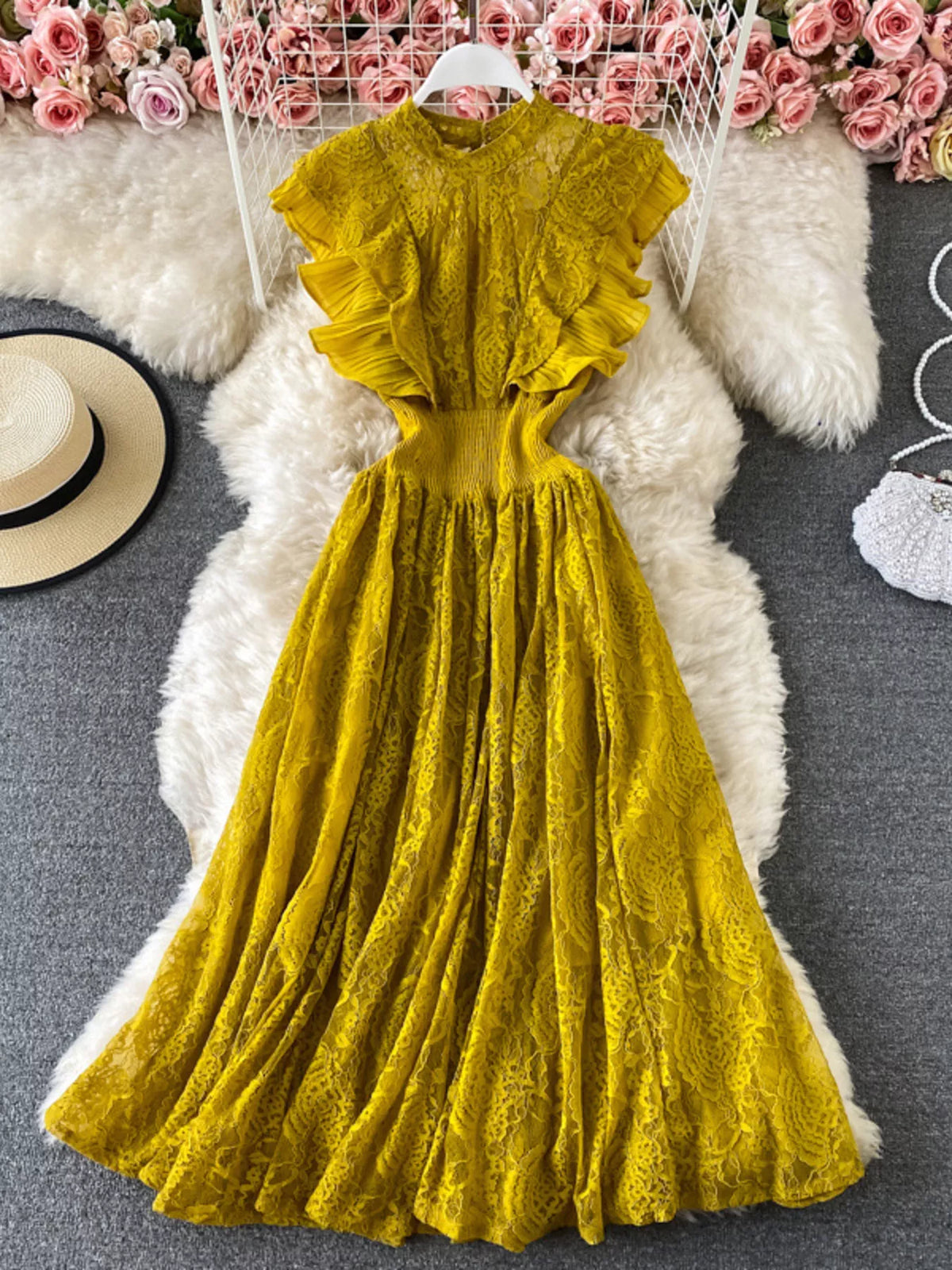 Ruffled mock neck lace maxi dress, side view