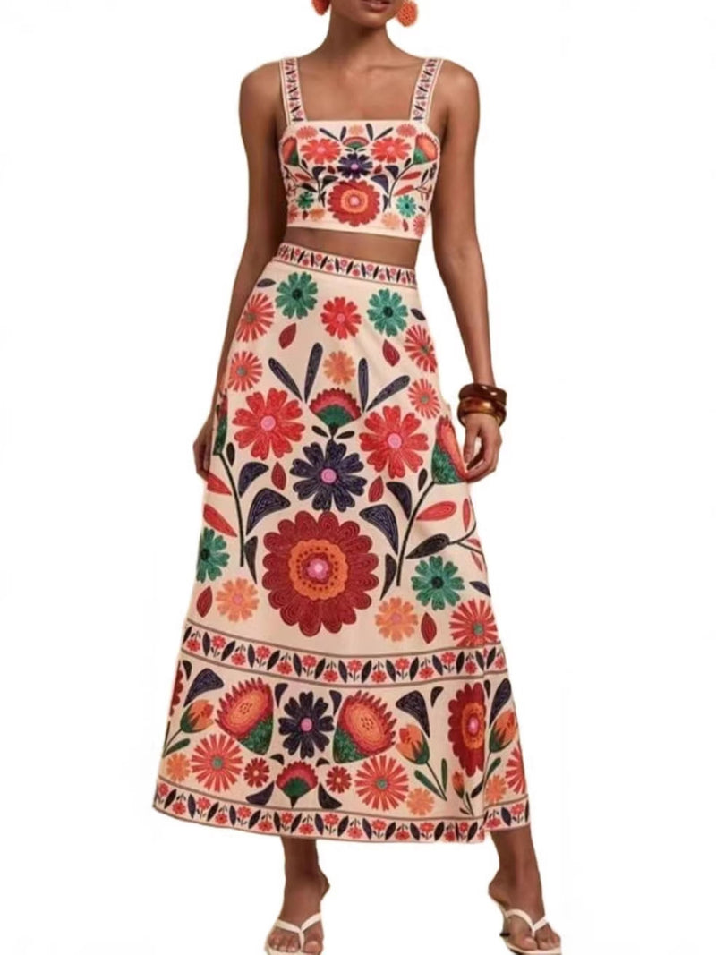 Floral print crop top and skirt set front view