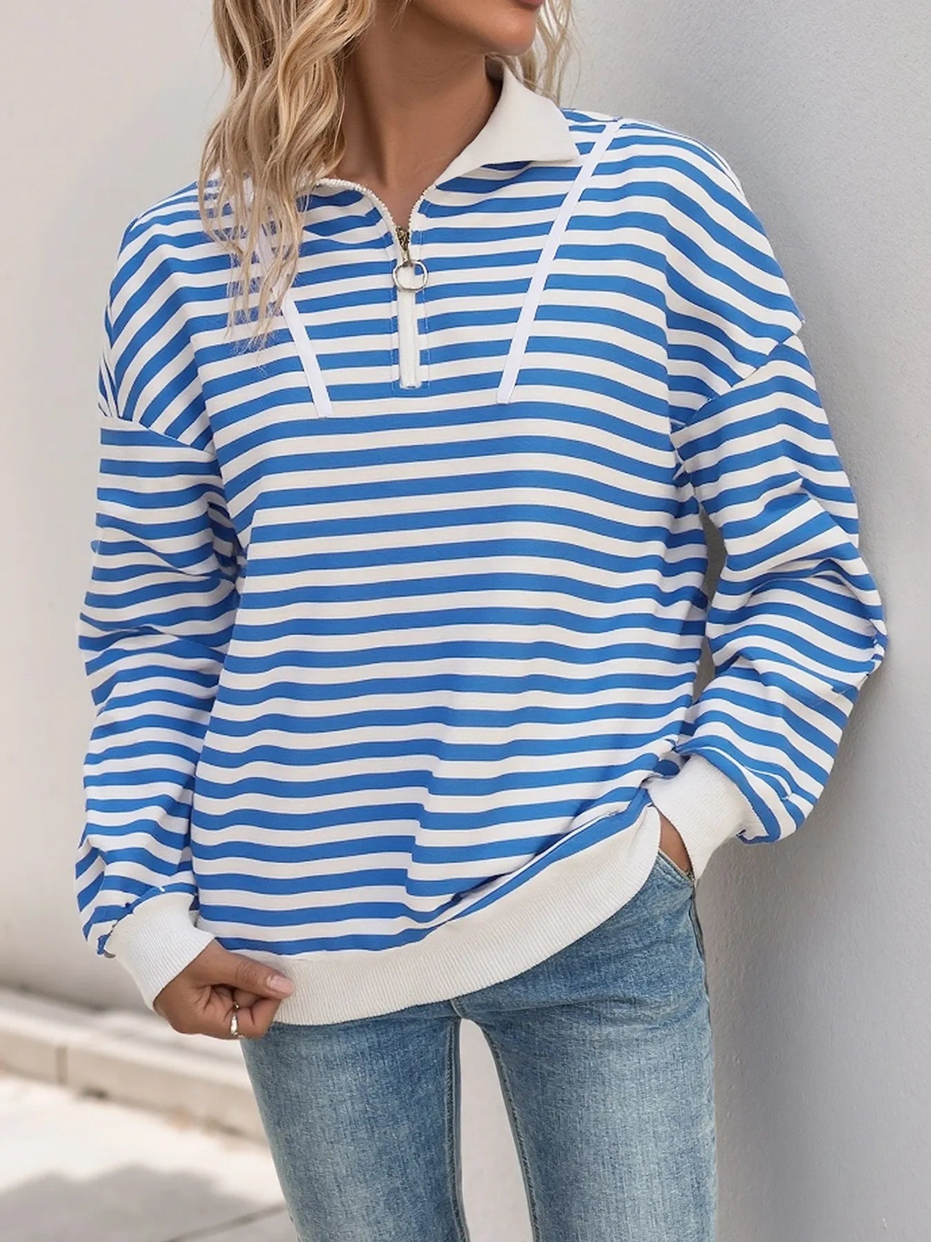 Striped Quarter Zip Long Sleeve Hoodie - Fashorio