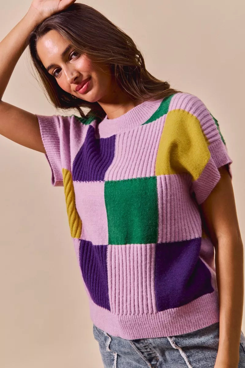 Check Plaid Casual Sweater Top in Lavender view 7