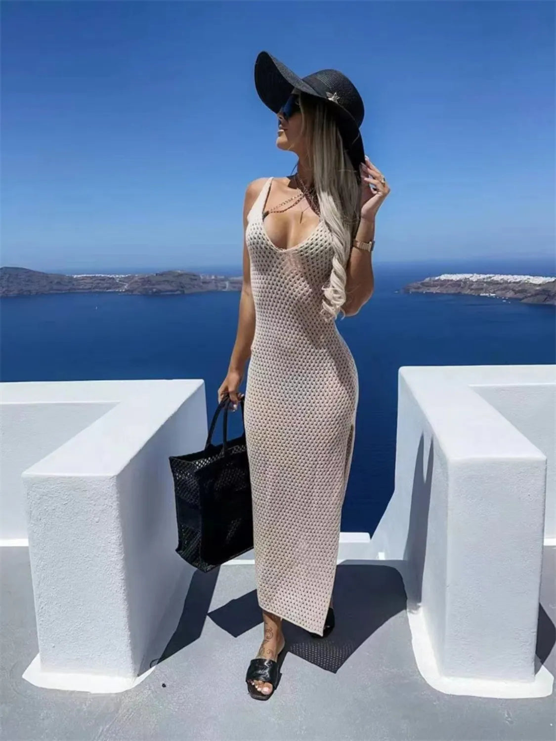 Openwork Slit Sweater Maxi Dress - Fashorio
