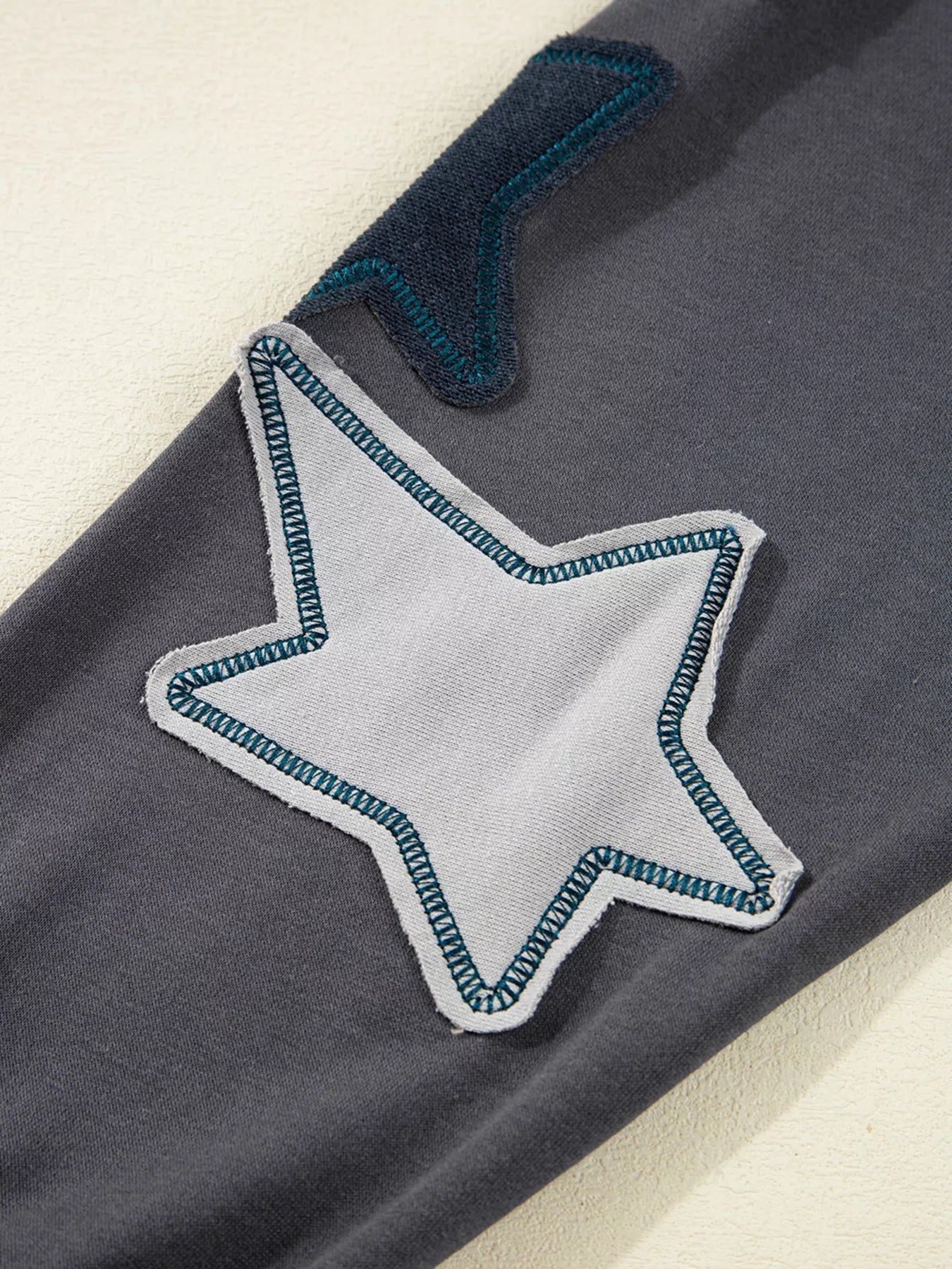Star Patchwork Contrast Stitching Mineral Wash Kangaroo Pocket Hoodie - Fashorio