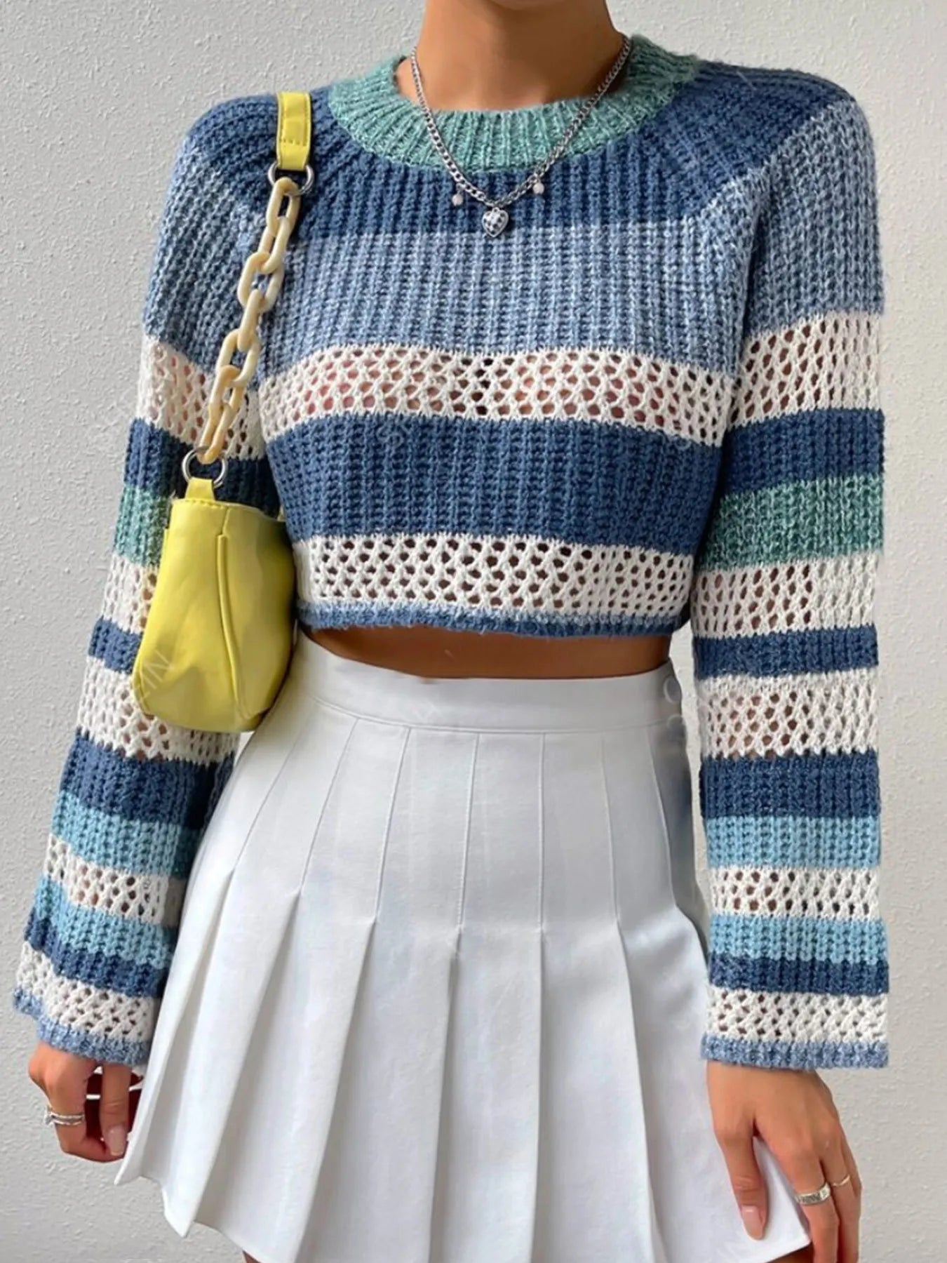 Openwork Striped Color Block Crop Sweater - Fashorio