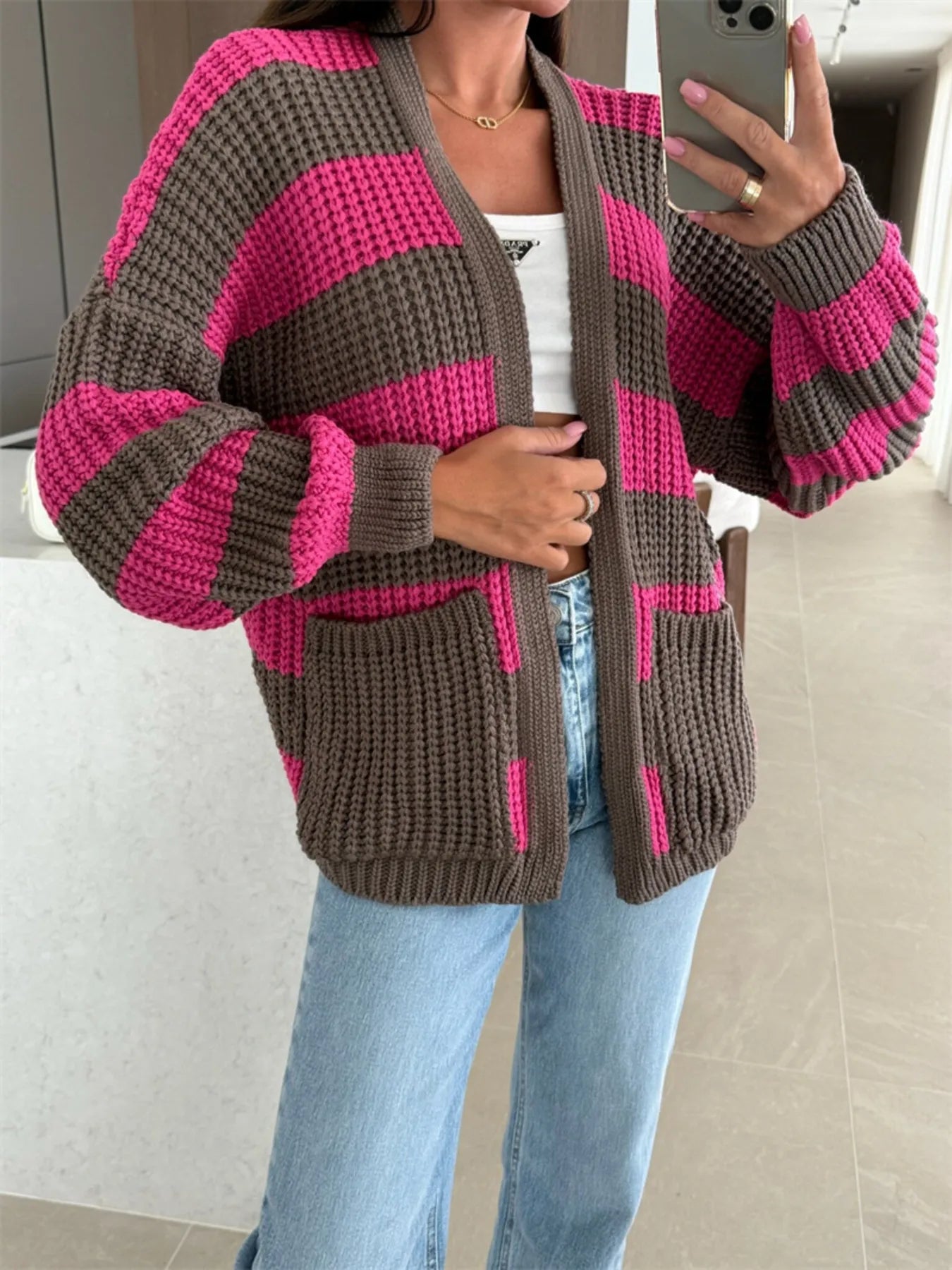 Striped Open Front Long Sleeve Cardigan - Fashorio