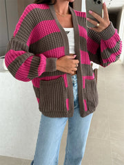 Striped Open Front Long Sleeve Cardigan - Fashorio