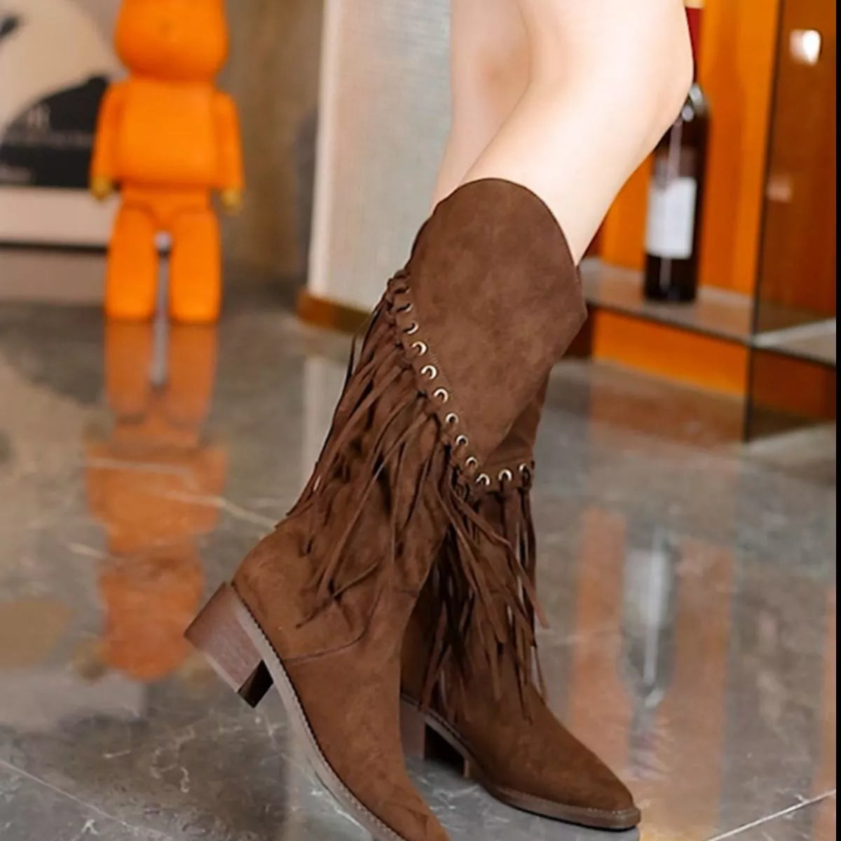 Fringed pointed toe block heel boots side profile