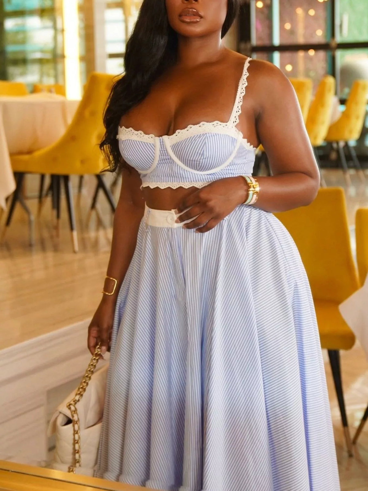 Blue striped cami two piece set side view