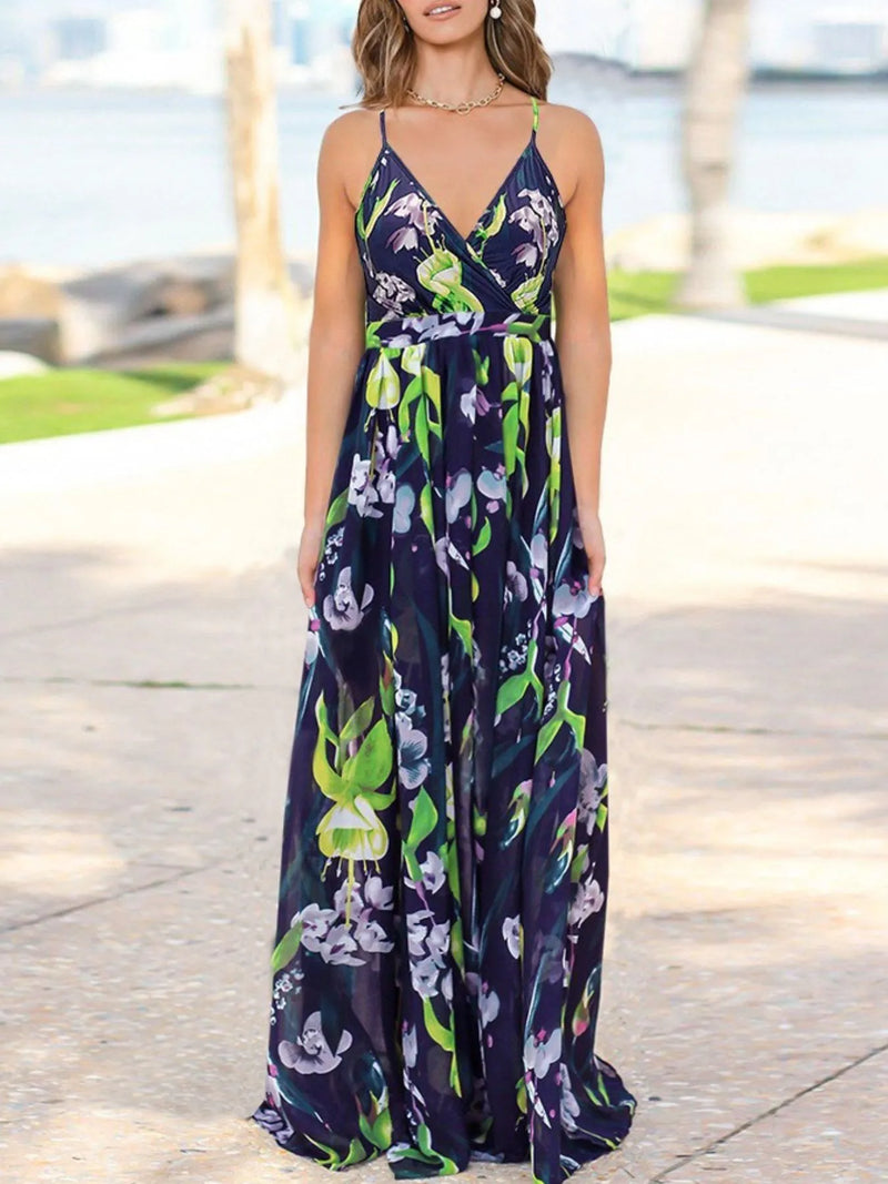 Floral print spaghetti strap maxi dress front view
