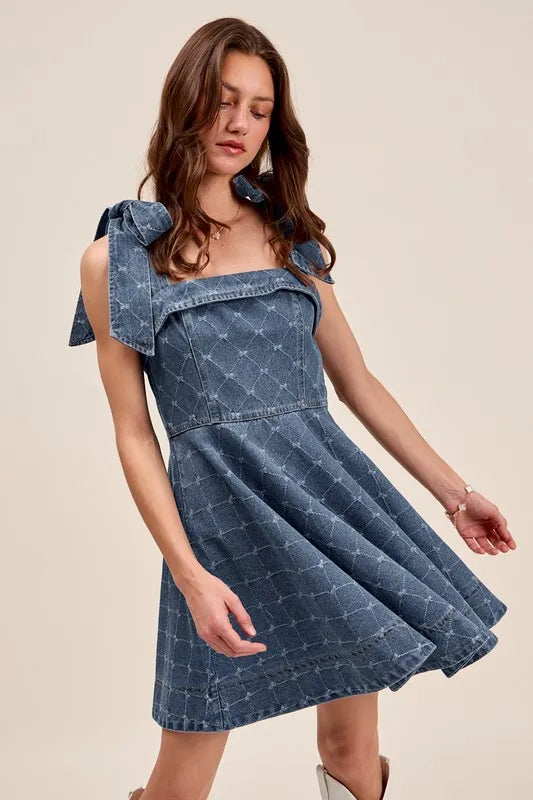 SO ME A Line Fit and Flare Diamond Bow Ribbon Denim Dres - Fashorio