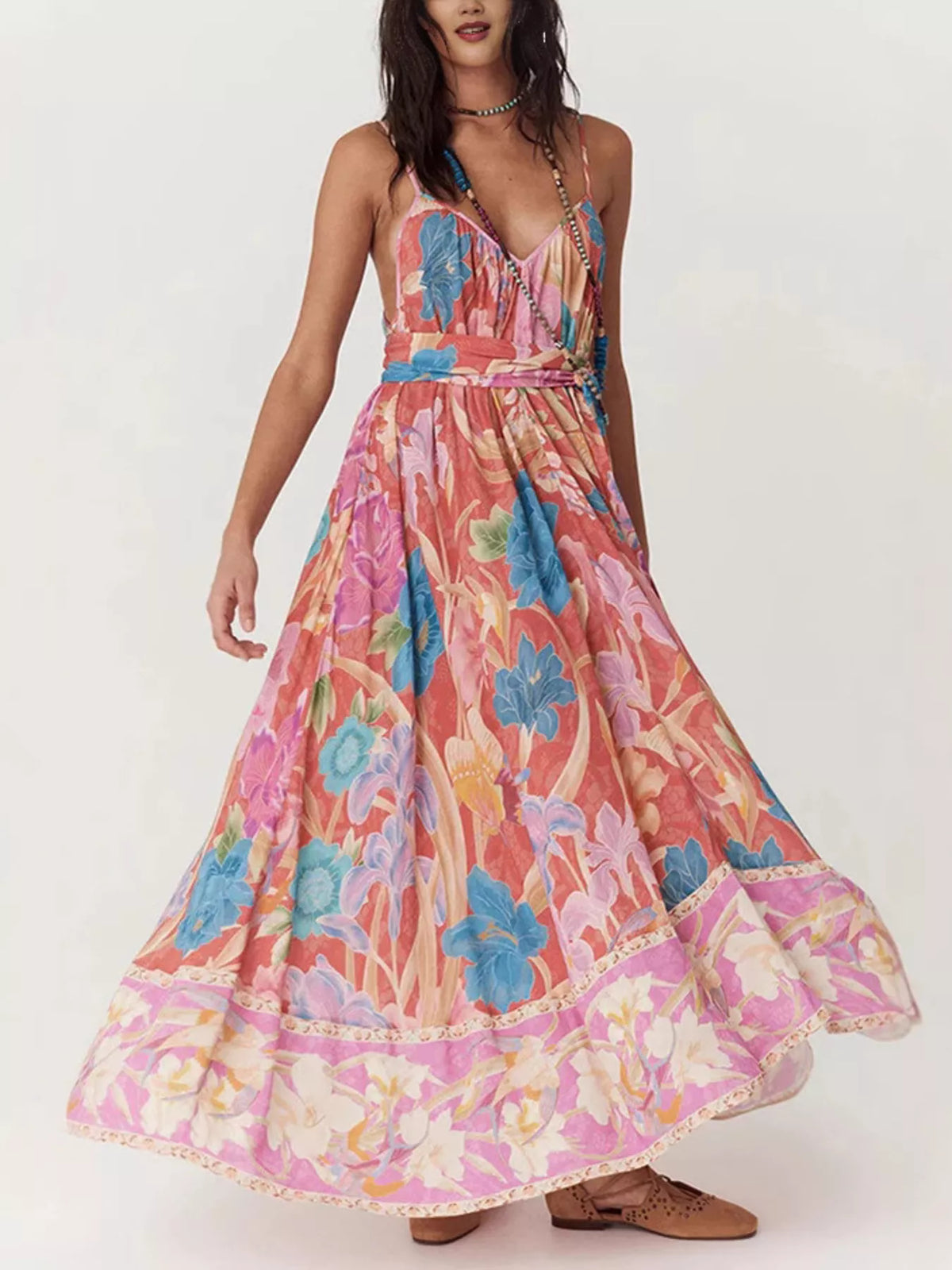 Floral Print Spaghetti Strap Maxi Dress back view