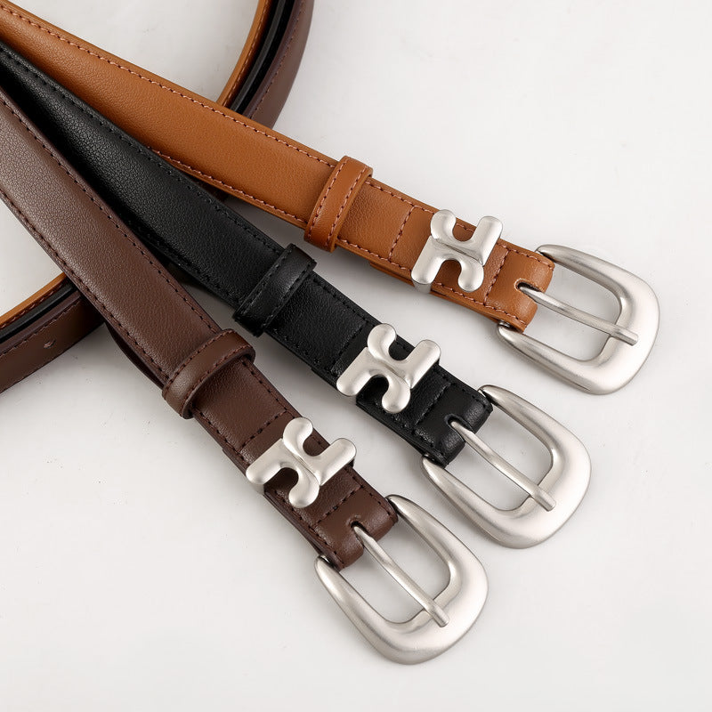 Leather belt with H shaped buckle front view