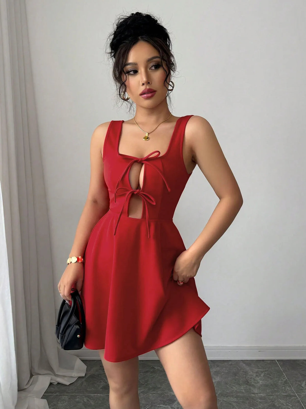 Red tie front wide strap dress front view