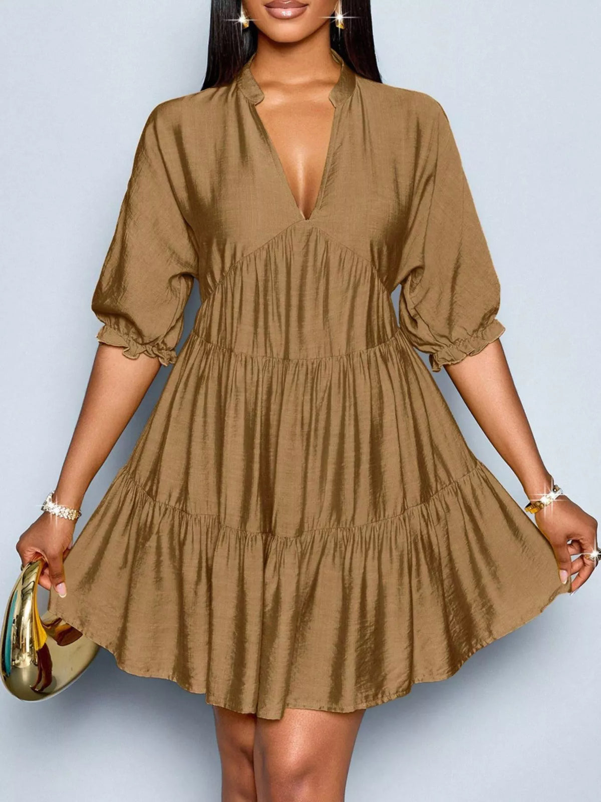 Ruched waist detail on polyester tiered dress
