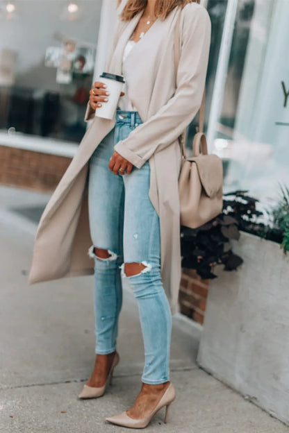 Open Front Long Sleeve Trench Coat - Fashorio