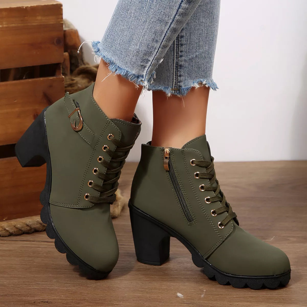 Lace up block heel suede boots toe close up