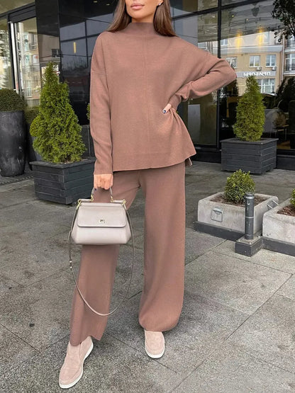 Slit Mock Neck Top and Pants Sweater Set - Fashorio