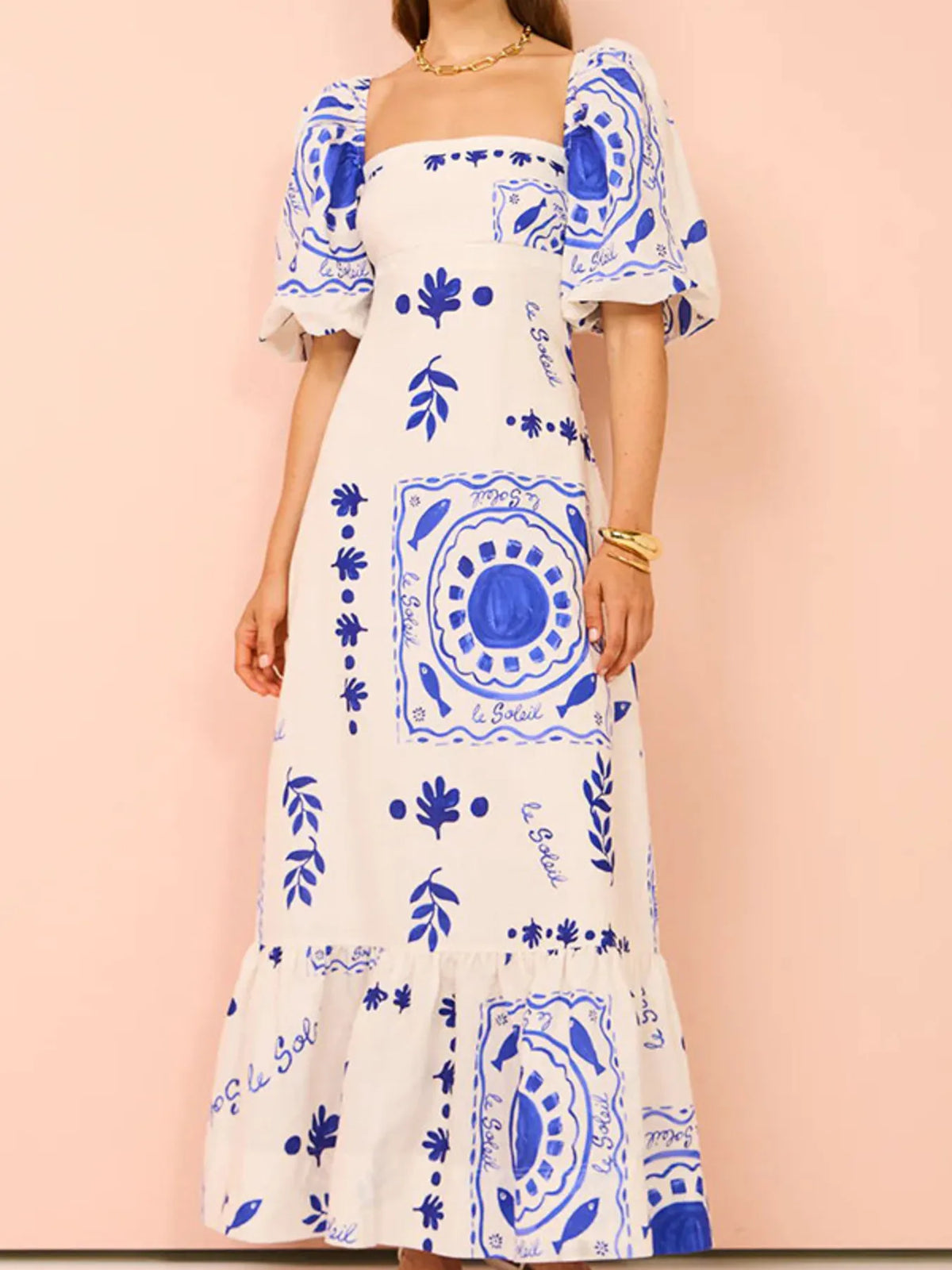 Floral puff sleeve maxi dress detail shot