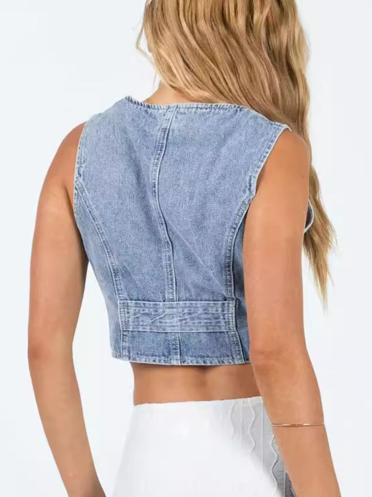V Neck Button Up Denim Vest in Light Wash detail