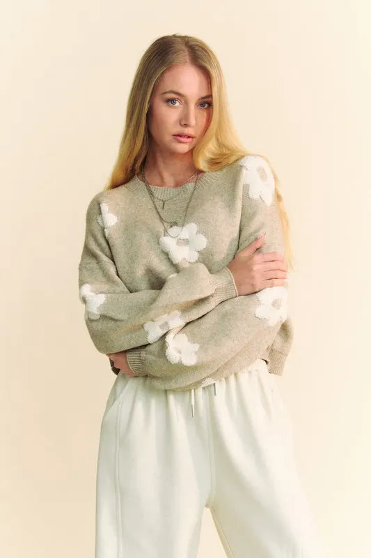 Floral Drop Shoulder Cropped Sweater in Tan styled look