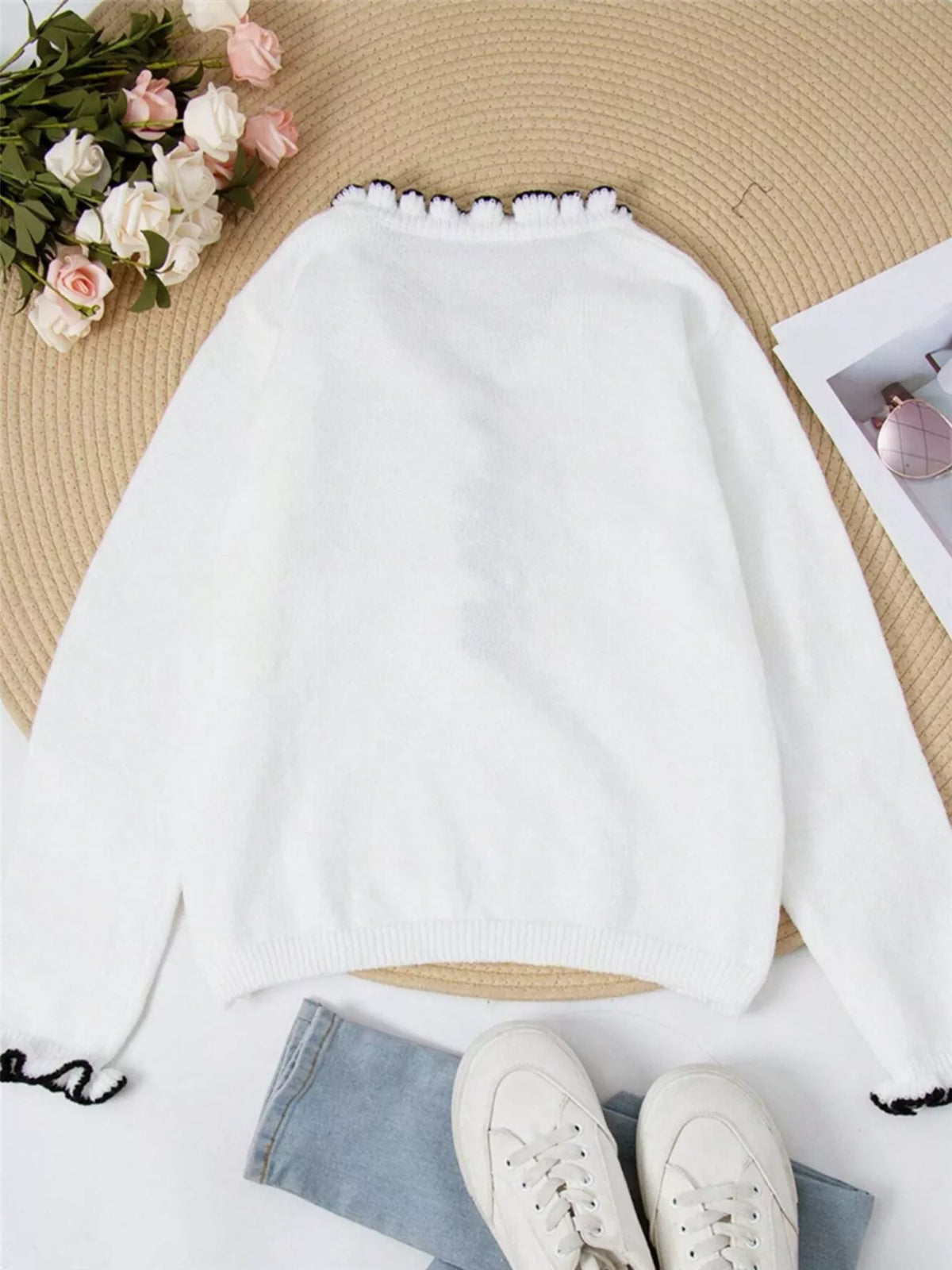 Ruffled trim button front sweater ruffle and button detail