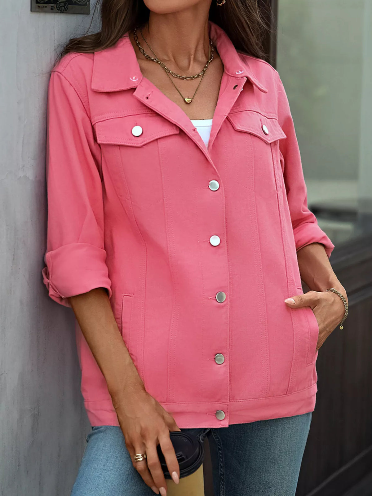 Button Up Denim Jacket in Dusty Pink styled look