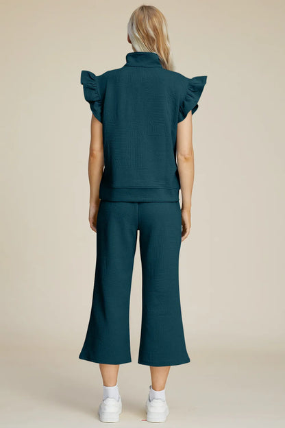 Double Take Full Size Texture Ruffle Short Sleeve Top and Wide Leg Pants Set - Fashorio