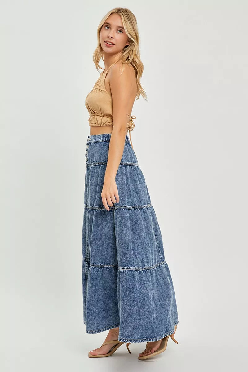RISEN high waist tiered ruffle maxi skirt full length view