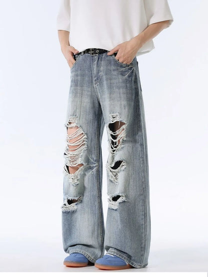 Men's Distressed Wide Leg Baggy Jeans Blue - Fashorio