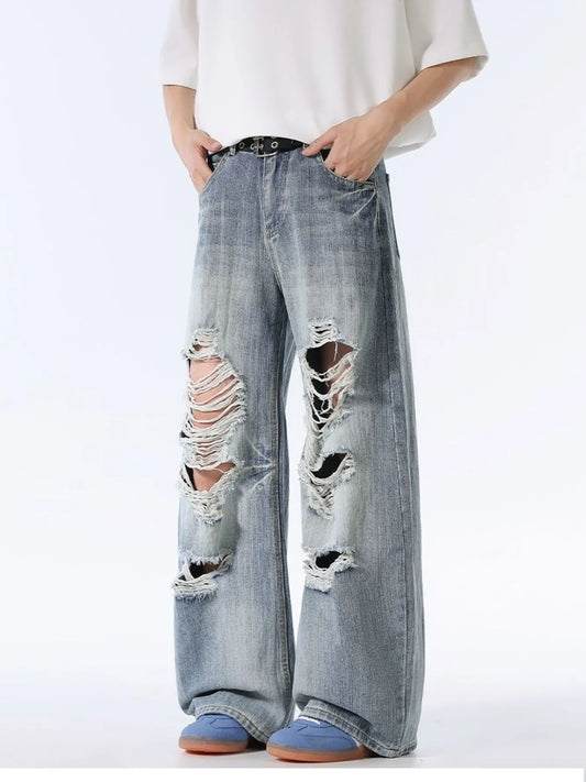 Men's Distressed Wide Leg Baggy Jeans Blue - Fashorio