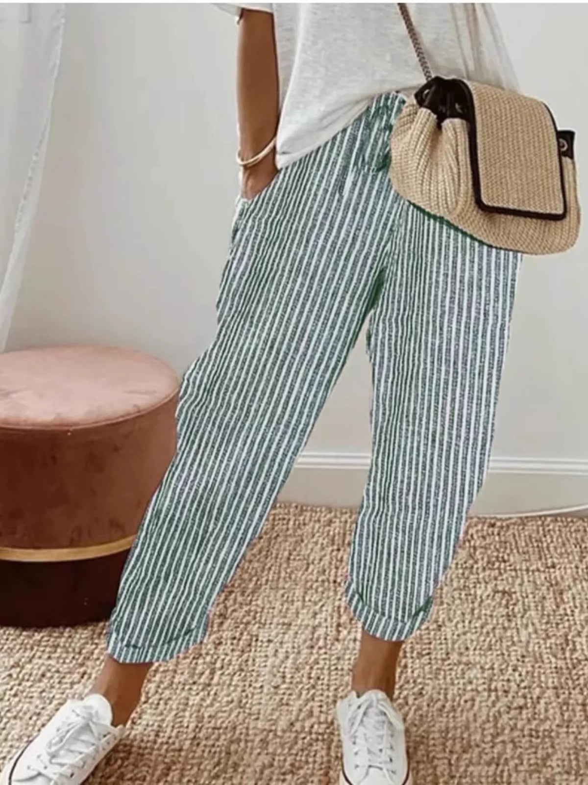 Striped drawstring cropped pants front view