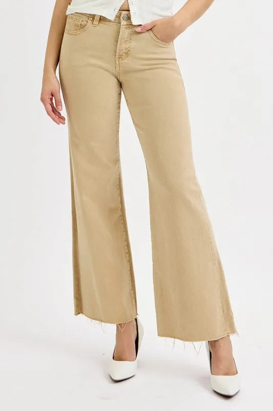 Cropped wide leg tan denim side profile