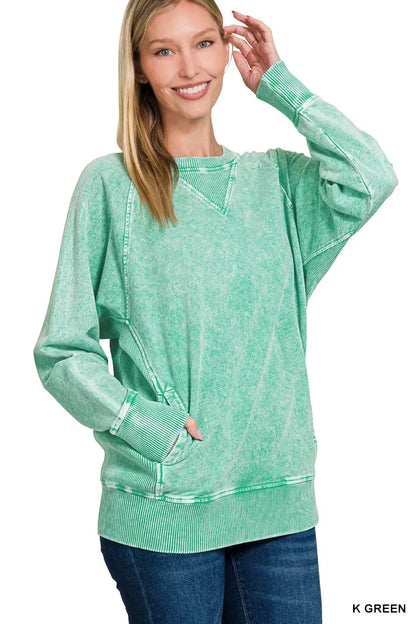 Zenana Halo Snow Washed French Terry Round Neck Sweatshirt K GREEN - Fashorio