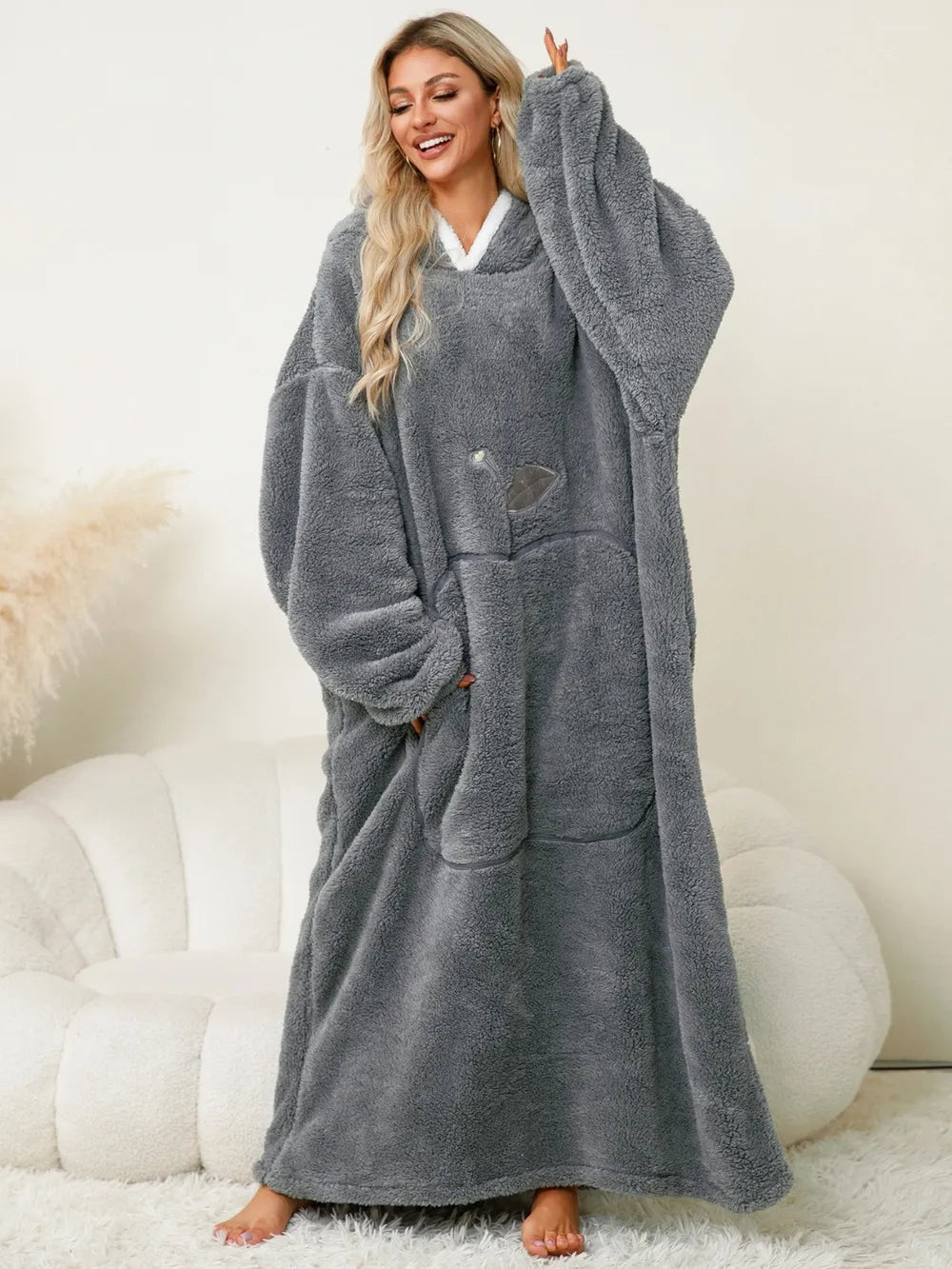 Pocketed Contrast Long Sleeve Hooded Lounge Dress - Fashorio