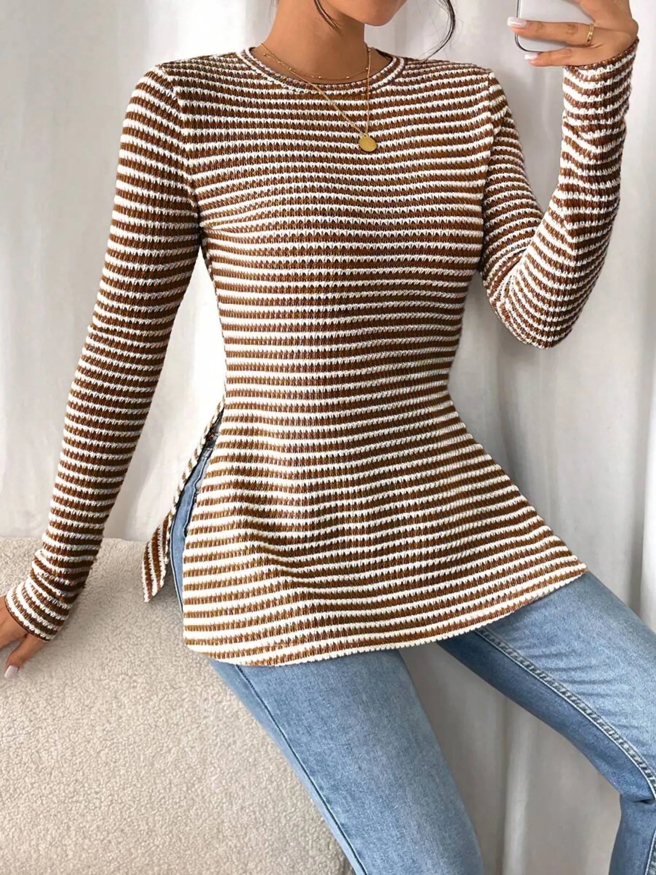 Side Slit Striped Long Sleeve T-Shirt Brown - Fashorio